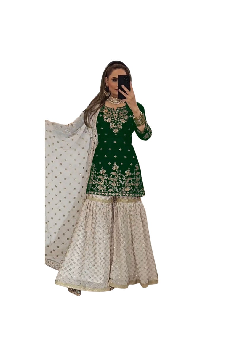 Faux Georgette Top Palazzo & Dupatta Set - HRT4609 - Image 1